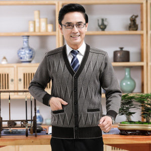 加绒加厚中年针织衫格子毛衣男 宽松爸爸装 秋冬休闲开衫