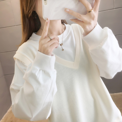 语娄秋冬新款减龄假两件马甲卫衣女加大码女装上衣女200斤外套女宽松t2021大码女装