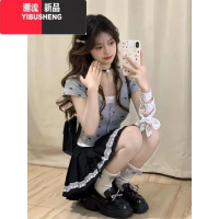 YIBUSHENG法式纯欲风方领蝴蝶结开衫t恤女季小个子修身正肩短款别致上衣