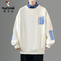 啄木鸟春秋季长袖男士假两件衬衫领卫衣青少年初高中学生潮流套装