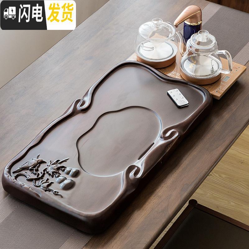 三维工匠黑檀木茶盘家用中式客厅简约实木小茶台大号整块原木茶海托盘茶具 福禄喜72*35+玻璃电炉带遥控