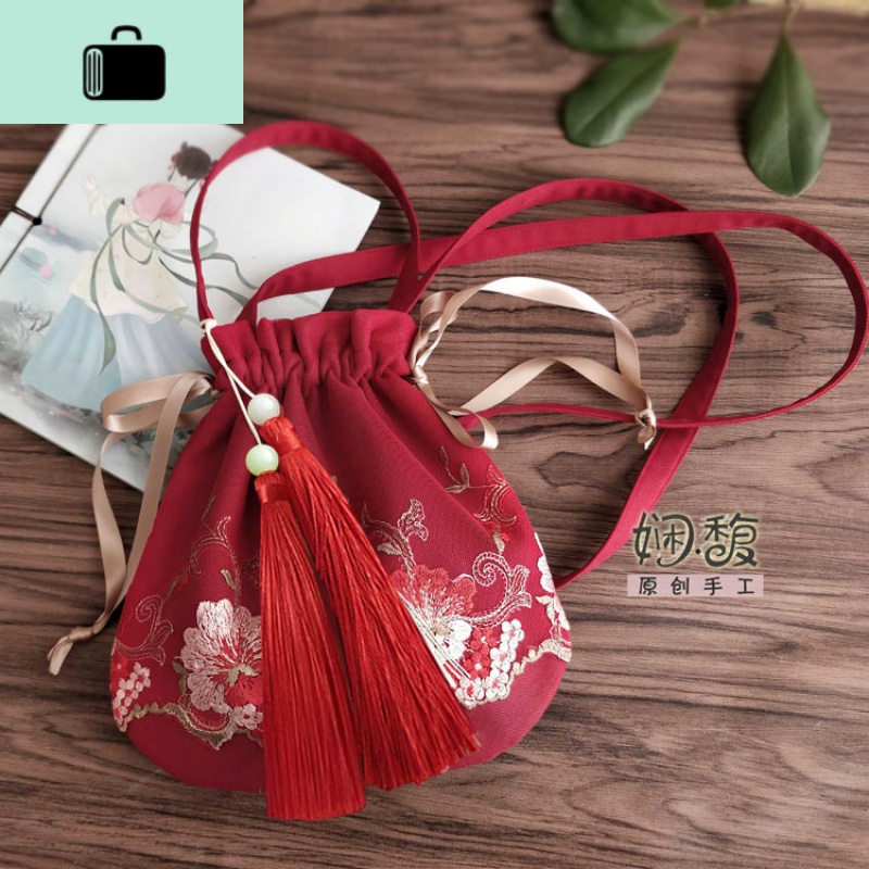 [娴馥]中国古风斜挎仙女包包汉服百搭手提袋蕾丝布单肩包小荷包NEW LAKE女斜挎包