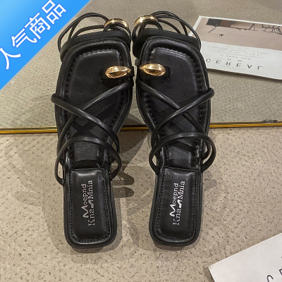 SUNTEK时尚套趾罗马凉鞋女2023年夏季新款网红低跟软底沙滩外穿凉拖女款