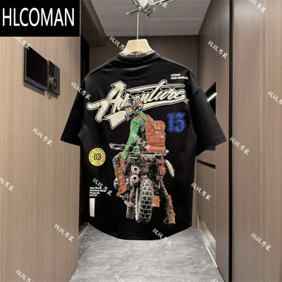 HLCOMAN2025夏季新款短袖T恤男士机车彩绘印花时尚潮流风百搭燕尾体恤衫