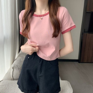 撞色圆领短袖T恤女夏季新款学生打底衫韩版修身短款上衣韩国女装