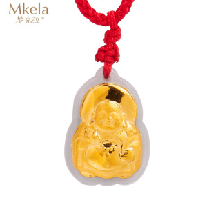 梦克拉 足金999翡翠金镶玉佛吊坠 黄金佛吊坠 弥勒佛笑佛 弥勒佛笑佛