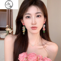 JiMi蜜桃香氛~粉色爱心流苏长款碎石耳钉高级感小众设计感耳环女耳饰