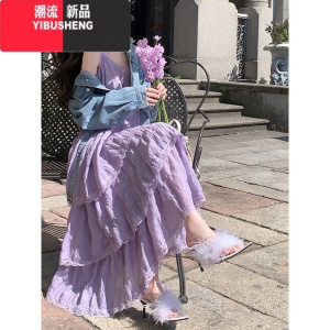 YIBUSHENG法式淡紫色吊带连衣裙女2024新款高级感海边度假蛋糕裙雪纺长裙