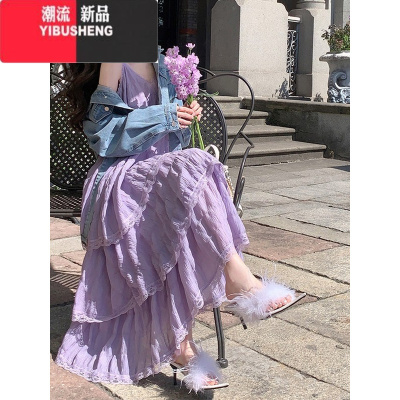 YIBUSHENG法式淡紫色吊带连衣裙女2024新款高级感海边度假蛋糕裙雪纺长裙