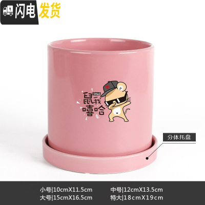 三维工匠鼠年本命年装饰创意中国红插银柳简约圆柱绿植多肉带托盘陶瓷花盆 鼠我嘻哈-亮光粉 中等花盆容器