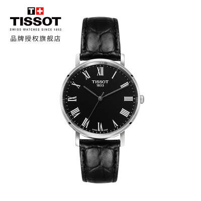 天梭(TISSOT)瑞士手表简约轻薄时尚百搭黑盘罗马刻度魅时系列皮带男士石英表T109.410.16.053.00T109.410.16.053.00
