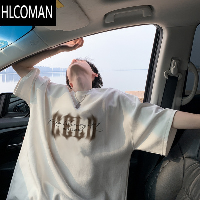 HLCOMAN短袖t恤男款夏季日系复古潮流简约百搭模糊字母印花宽松休闲体恤