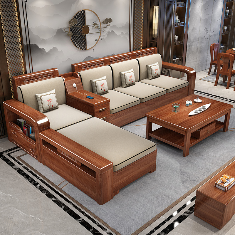 梵宜金丝胡桃木沙发中式实木沙发组合冬夏两用客厅带储物沙发hk50sf