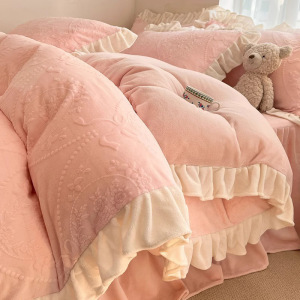 双面加厚牛奶珊瑚绒床上四件套冬季法兰绒床品床裙加绒面床单被套