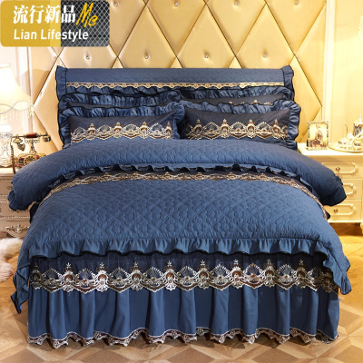 家纺 欧式夹棉蕾丝床裙式四件套绗缝加棉床罩4件套加厚1.8米 三维工匠
