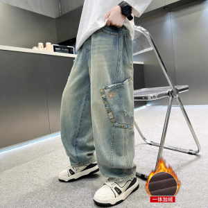 男童牛仔裤秋冬加绒工装裤子新款儿童休闲裤中大童秋冬季长裤