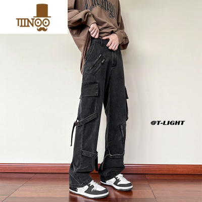 YANXU美式vibe裤子ins高街潮牌黑色绑带牛仔裤男直筒修身拉链工装裤秋