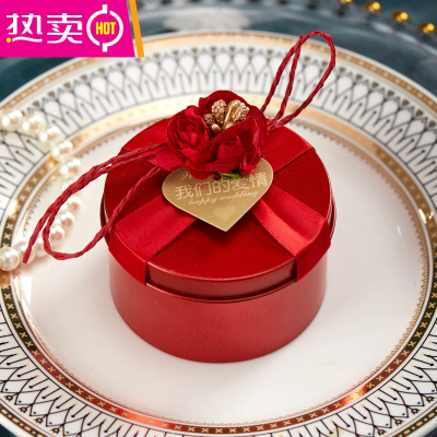 结婚礼喜糖盒子马口铁盒个性糖果盒包装盒创意圆形金色欧式伴娘FENGHOU玫瑰红+红色花半成品空盒（需自己绑卡片