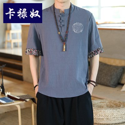 卡禄奴夏季中国风短袖男士T恤汉服复古风潮牌刺绣古装大码2021青年亚麻唐装