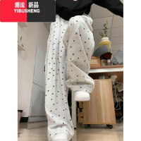 YIBUSHENG美式复古白灰色碎花阔腿休闲裤女高腰显瘦薄款季直筒宽松运动裤