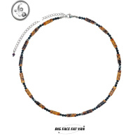 JiMi民族冷淡咖色波西米亚风复古石串珠项链虎眼石木质拼接锁骨女