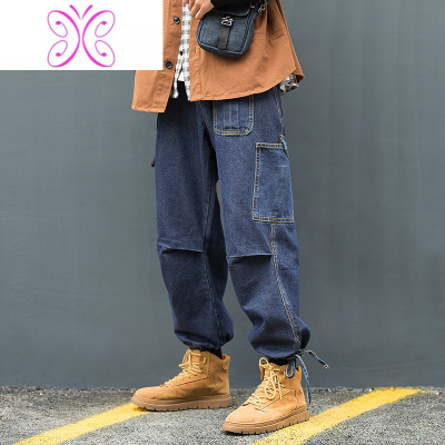 YUANSU古贝图自制复古潮牌工装牛仔裤男宽松直筒嘻哈阔腿街舞休闲束脚裤牛仔裤男