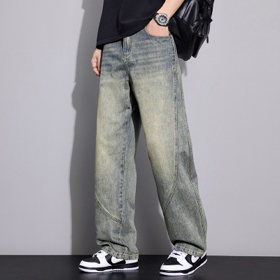 复古水洗老爹裤 男士泥宽松阔腿牛仔裤 春秋潮牌工装风长裤