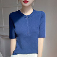 正肩半开领中袖冰丝针织T恤女春夏2025新款拉链修身短袖打底上衣