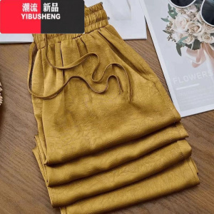 YIBUSHENG国风醋酸阔腿裤女季缎面直筒裤提花中式2024薄款新款高腰休闲裤