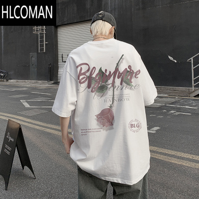 HLCOMAN玫瑰印花短袖t恤男夏季美式潮牌ins街头痞帅宽松大码学生百搭体恤