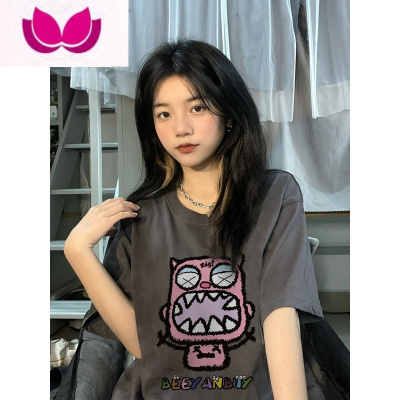 七斓国潮ins甜酷风高级感深灰色正肩短袖T恤女宽松慵懒打底上衣