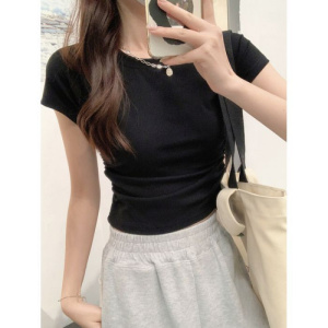 含棉短袖T恤新款设计感收腰显瘦褶皱露背短款上衣纯色辣妹圆领T恤