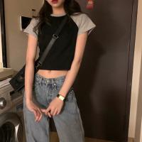 撞色短袖女韩版高腰潮ins学生短款上衣夏露脐短款T恤女潮