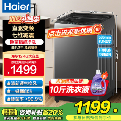 海尔(Haier) 12公斤 变频 全自动 波轮洗衣机 超净洗 除菌除螨 政府补贴 自编程 XQB120-BZ20L0