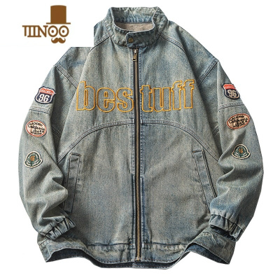 YANXU美式复古机车vintage牛仔外套男女欧美潮牌高街刺绣工装夹克