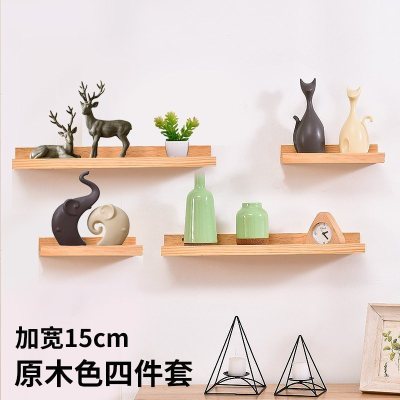 美帮汇客厅墙上置物架卧室壁挂电视背景墙装饰架一字实木板简约现代书架 原木色四件套