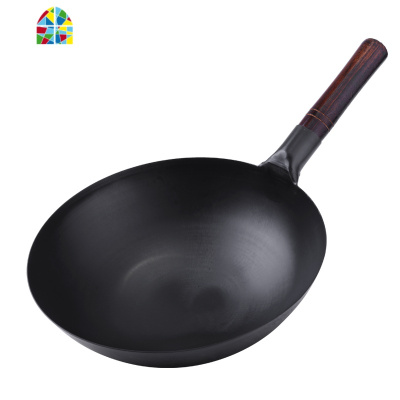 老式手工锻打炒锅锅传统章丘家用无涂层燃气灶圆底锅具熟铁锅 FENGHOU 平底锅带耳32厘米送盖