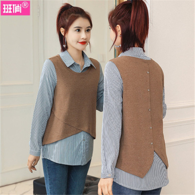 班俏BANQIAO假两件衬衫上衣服女春秋装2020新款潮时尚百搭宽松长袖T恤女士衬衣