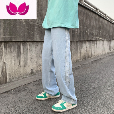 七斓棋盘格拼接牛仔裤男美式复古潮牌高街裤子宽松阔腿直筒长裤