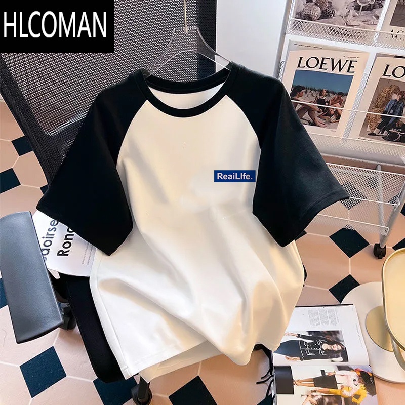 HLCOMAN美式复古夏季黑白拼接短袖T恤男韩版宽松休闲插肩袖圆领上衣