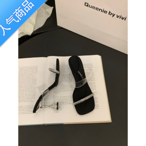 SUNTEK小众高级感透明带一字拖鞋女鞋子外穿2023年夏季水钻凉拖高跟凉鞋