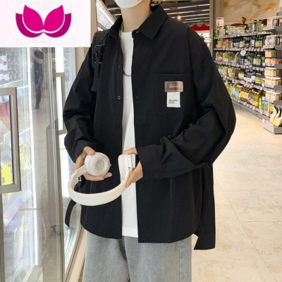 七斓港风chic贴标长袖衬衫男潮牌痞帅潮流宽松休闲高级感工装衬衣外套