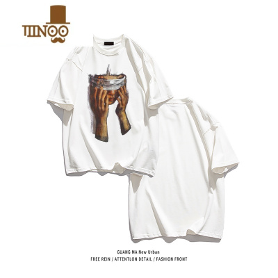 YANXU欧美高街潮牌短袖男夏季美式复古oversize油画T恤情侣设计感上衣