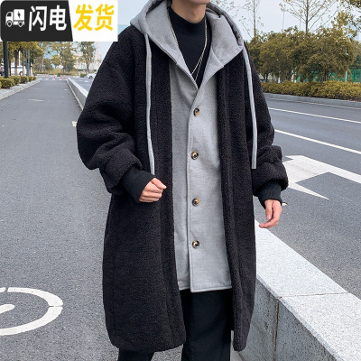 HLCOMAN冬季加厚羔毛中长款风衣男潮流韩版假两件连帽宽松呢子大衣外套风衣