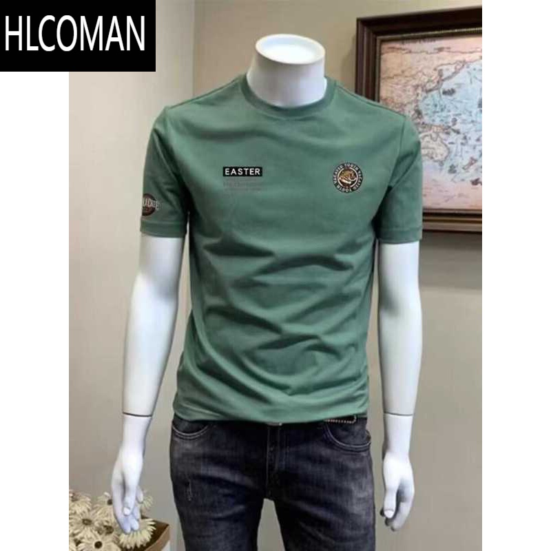HLCOMAN短袖t恤男新款夏季帅气绿色潮流百搭上衣个性字母印花体恤衫