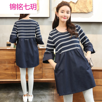 锦铭七玥孕妇装纹拼接孕妇上衣春夏装新品潮妈中长孕妇T恤-011