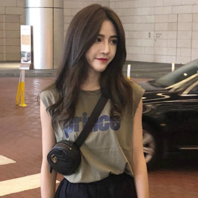 珂卡慕(KEKAMU)军绿色无袖T恤女夏圆领宽松百搭简约字母体恤网红同款港味上衣潮军绿色上衣均码军绿色上衣默认尺寸