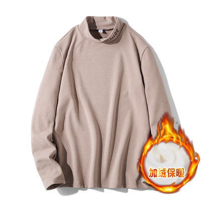 秋冬季长袖T恤男保暖潮流刺绣休闲体恤兔绒加绒加厚半领男士打底