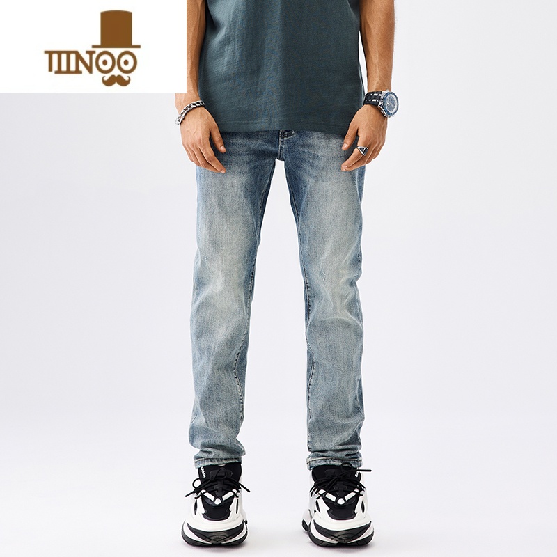 YANXU水洗浅色牛仔裤男潮牌弹力修身直筒美式高街vibe风裤子