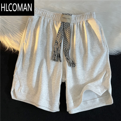 HLCOMAN日系纯色编织绳运动短裤男生宽松休闲直筒垂堕感五分哈伦阔腿裤子